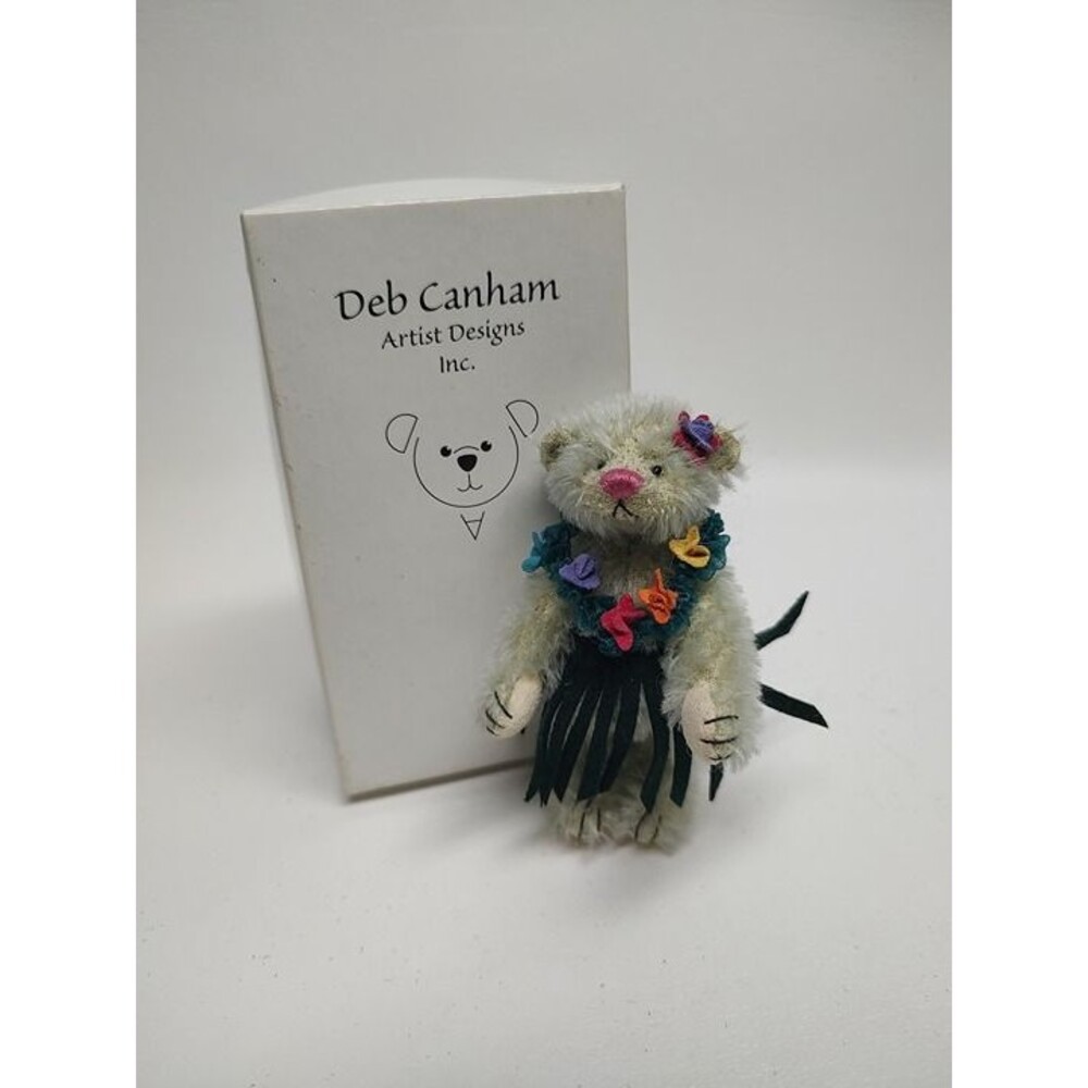 Vintage Deb Canham HAWAII Artist Teddy Bear Hula Skirt Original Box 3-1/2" tall